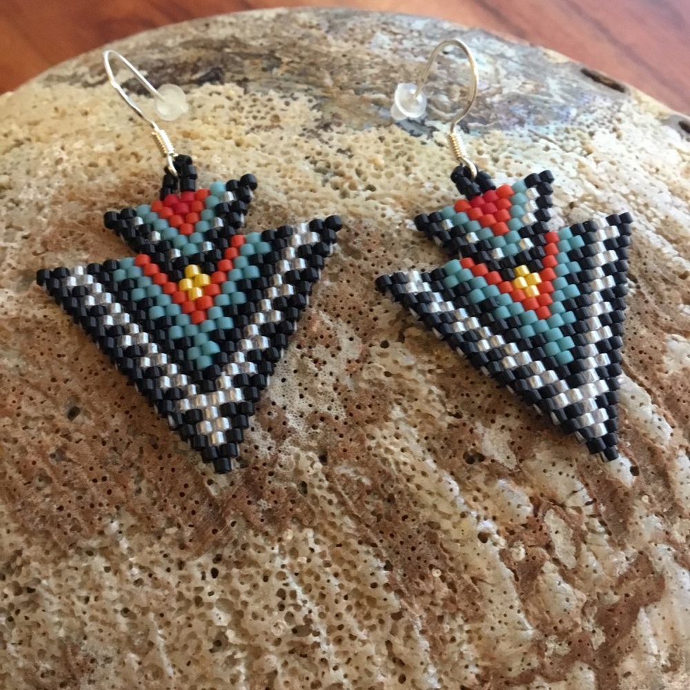 Handcrafted Chevron Beaded Arrow Earrings | Geometric Pattern Jewelry